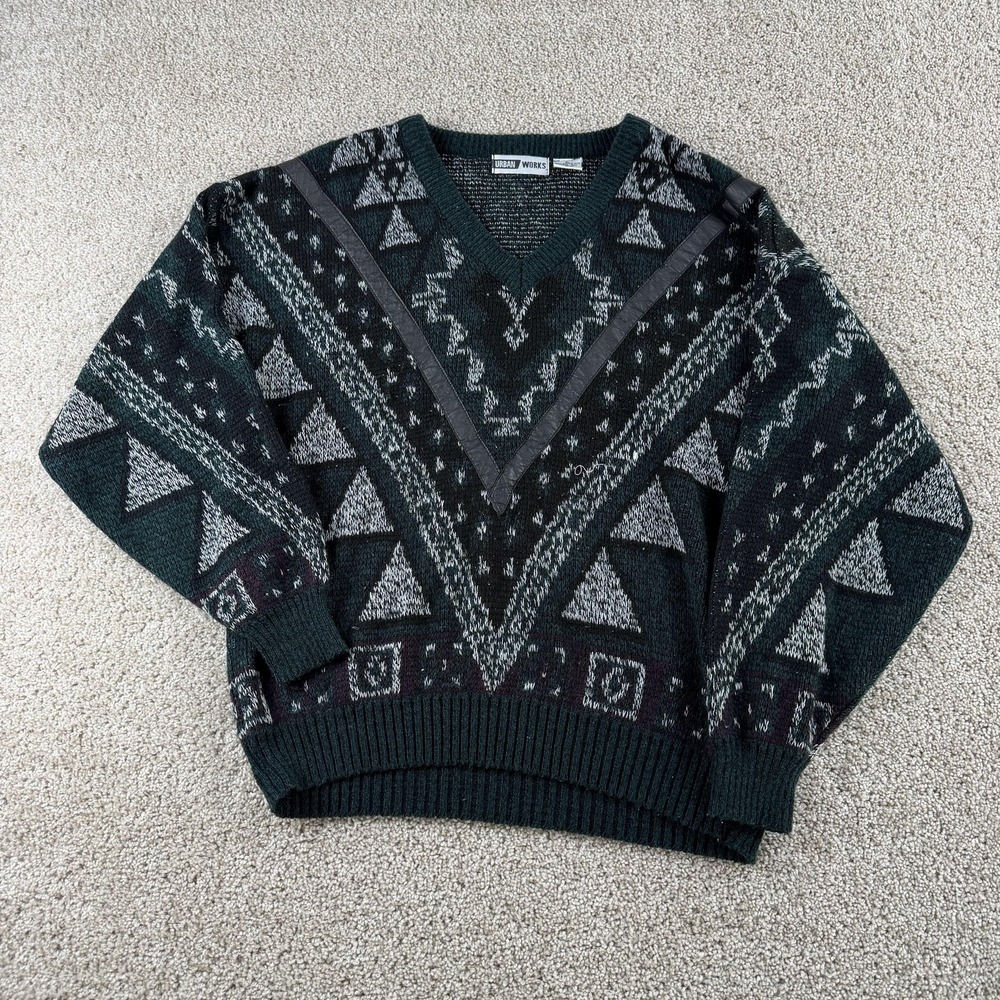 Vintage Urban Works Sweater Mens XL Green Geometric Leather Trim V Neck Knit